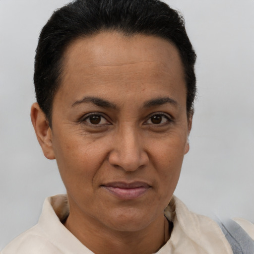 Joyful latino adult female with short  brown hair and brown eyes