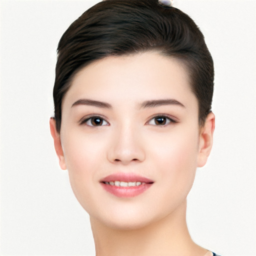 Joyful white young-adult female with short  black hair and brown eyes