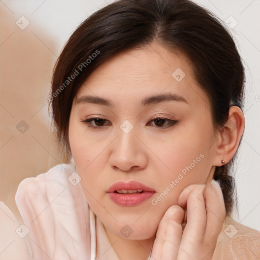 Joyful white young-adult female with medium  brown hair and brown eyes