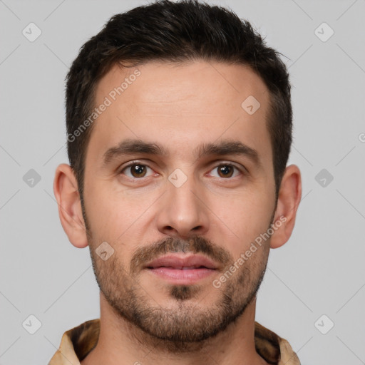 Joyful white young-adult male with short  brown hair and brown eyes