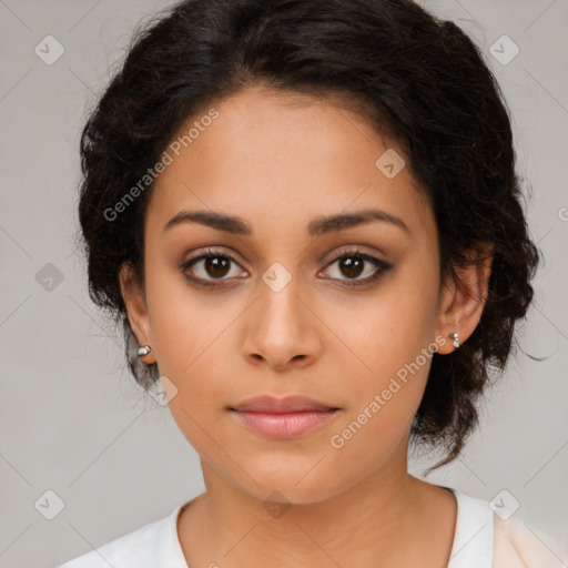 Neutral latino young-adult female with medium  brown hair and brown eyes