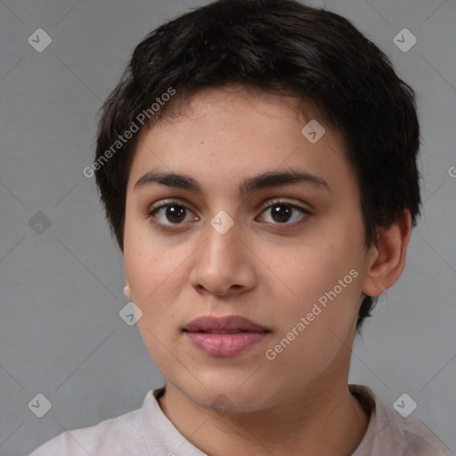 Neutral white young-adult female with short  brown hair and brown eyes