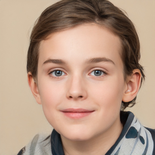 Joyful white child female with medium  brown hair and grey eyes