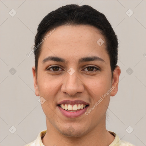 Joyful white young-adult female with short  brown hair and brown eyes