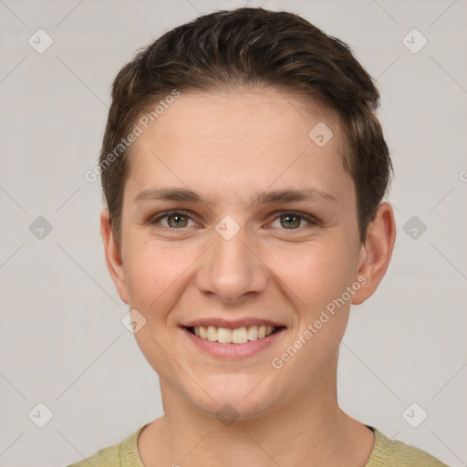 Joyful white young-adult female with short  brown hair and brown eyes