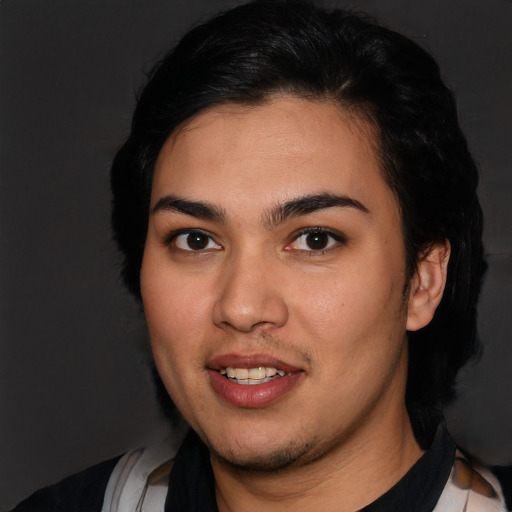 Joyful latino young-adult female with short  black hair and brown eyes