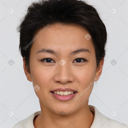 Joyful asian young-adult female with short  brown hair and brown eyes