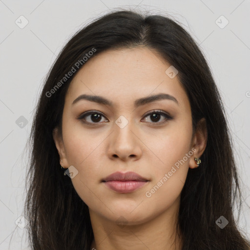 Neutral asian young-adult female with long  brown hair and brown eyes