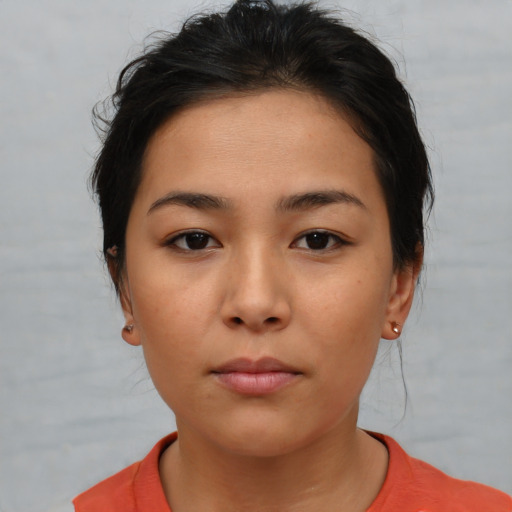 Neutral asian young-adult female with short  brown hair and brown eyes