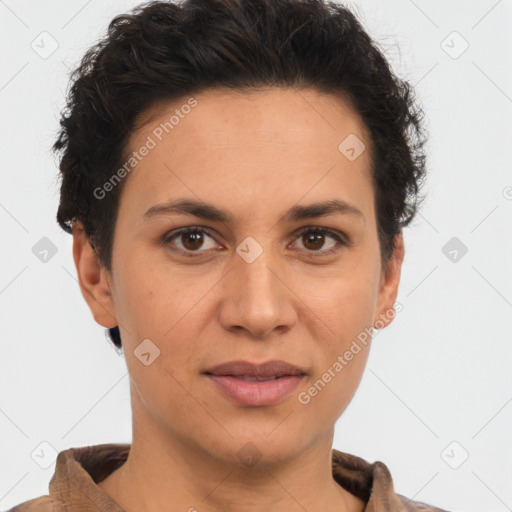 Joyful white adult female with short  brown hair and brown eyes