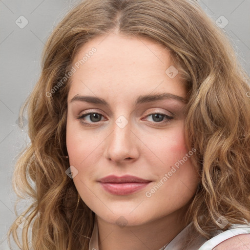 Neutral white young-adult female with long  brown hair and brown eyes