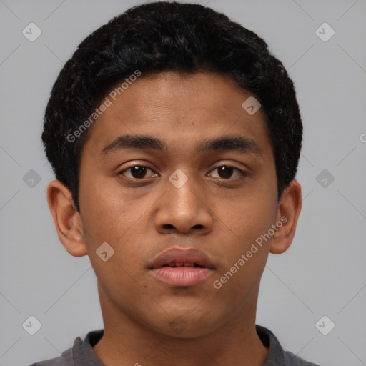 Neutral asian young-adult male with short  black hair and brown eyes