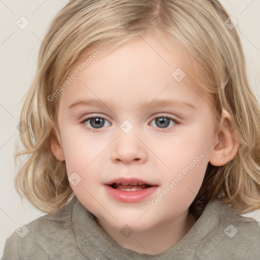 Joyful white child female with medium  brown hair and blue eyes