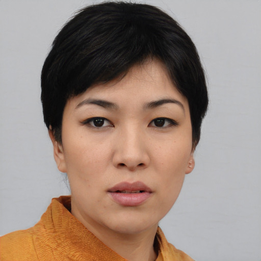 Neutral asian young-adult female with short  black hair and brown eyes