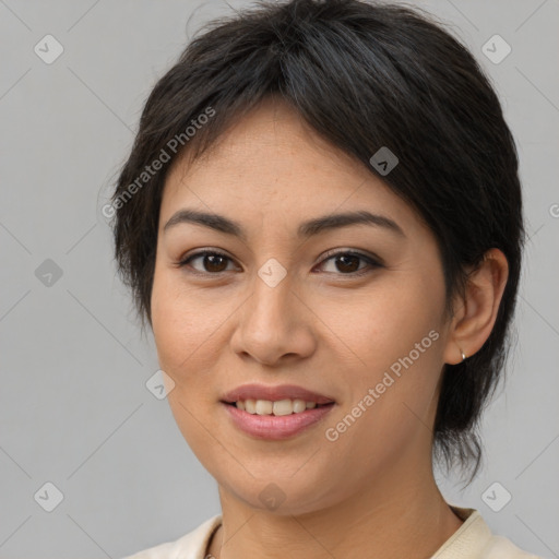 Joyful asian young-adult female with medium  brown hair and brown eyes