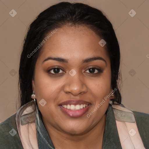 Joyful black young-adult female with medium  black hair and brown eyes