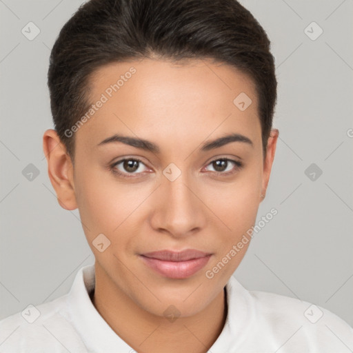 Joyful white young-adult female with short  brown hair and brown eyes