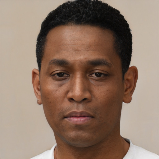 Neutral black young-adult male with short  black hair and brown eyes