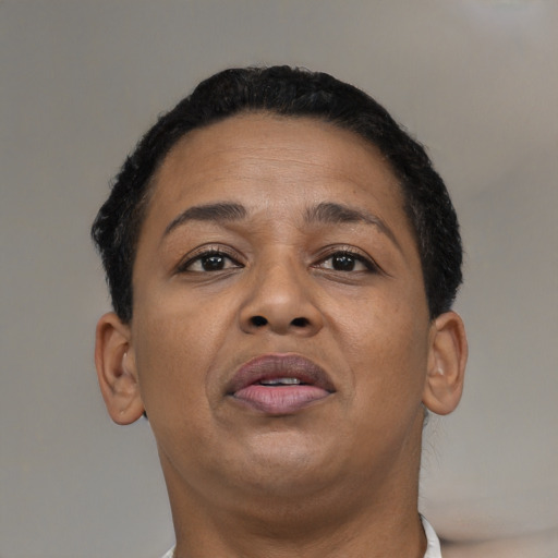 Neutral black adult female with short  brown hair and brown eyes