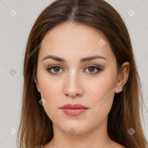 Neutral white young-adult female with long  brown hair and brown eyes