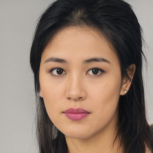 Neutral asian young-adult female with long  black hair and brown eyes
