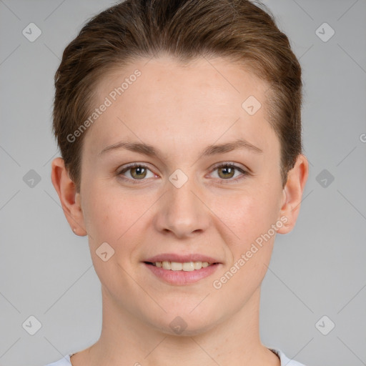 Joyful white young-adult female with short  brown hair and brown eyes