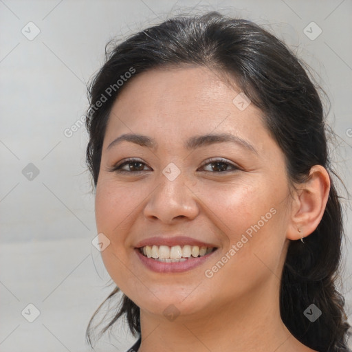 Joyful white young-adult female with medium  brown hair and brown eyes