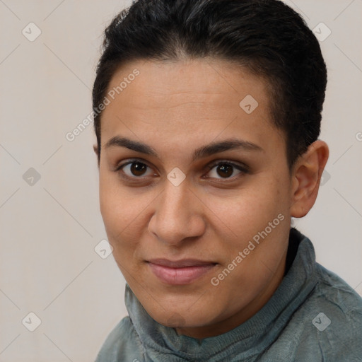 Joyful latino young-adult female with short  brown hair and brown eyes