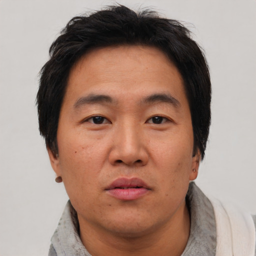 Neutral asian adult male with short  black hair and brown eyes