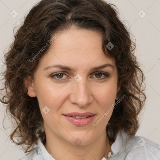 Joyful white young-adult female with medium  brown hair and green eyes