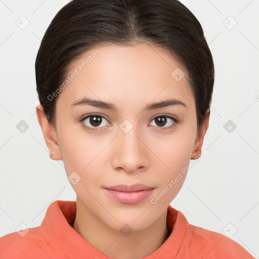 Neutral white young-adult female with medium  brown hair and brown eyes