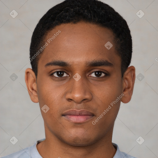 Neutral latino young-adult male with short  brown hair and brown eyes