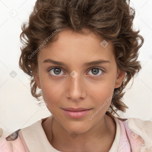 Joyful white child female with medium  brown hair and brown eyes