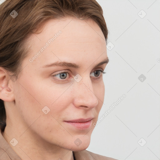 Neutral white young-adult female with short  brown hair and grey eyes