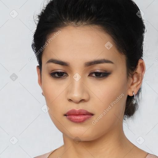 Neutral latino young-adult female with short  black hair and brown eyes