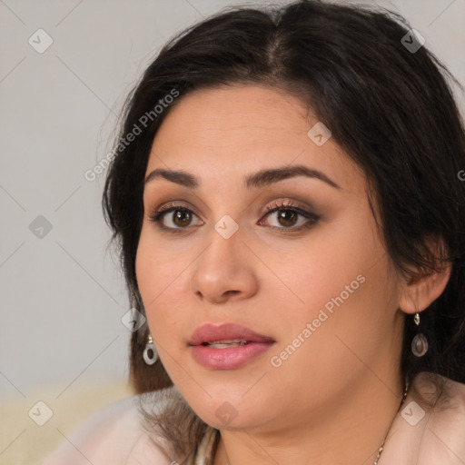 Neutral white young-adult female with medium  brown hair and brown eyes