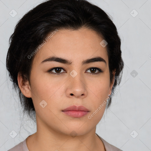 Neutral asian young-adult female with medium  black hair and brown eyes