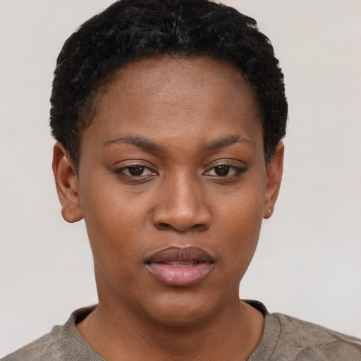 Neutral black young-adult female with short  black hair and brown eyes