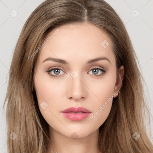 Neutral white young-adult female with long  brown hair and brown eyes