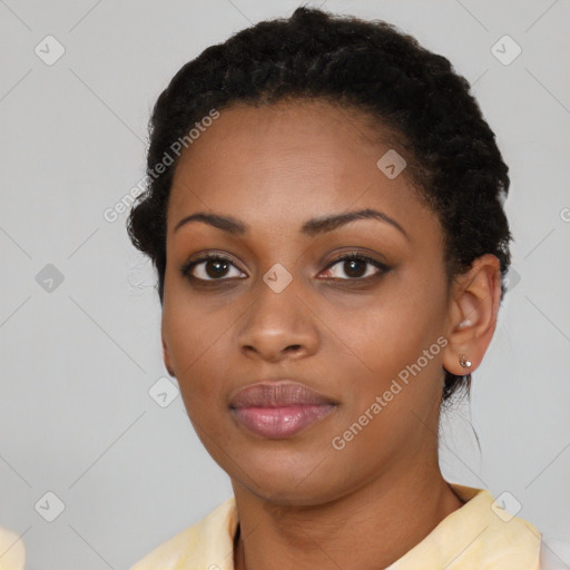 Neutral black young-adult female with short  black hair and brown eyes