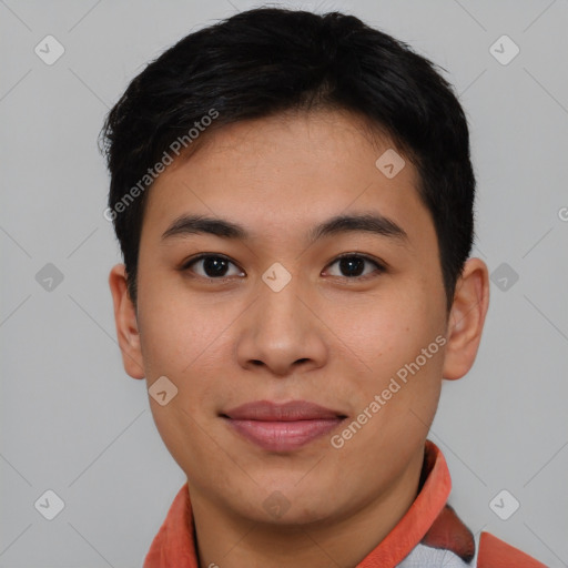 Joyful asian young-adult female with short  brown hair and brown eyes