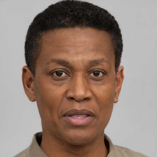 Joyful black adult male with short  brown hair and brown eyes