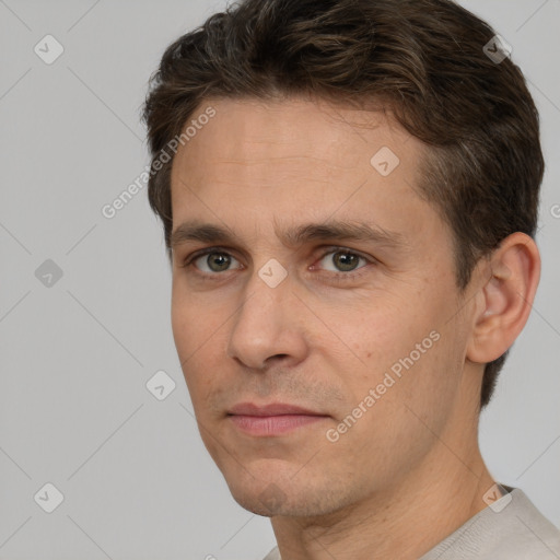 Neutral white adult male with short  brown hair and brown eyes