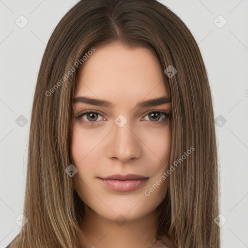 Neutral white young-adult female with long  brown hair and brown eyes