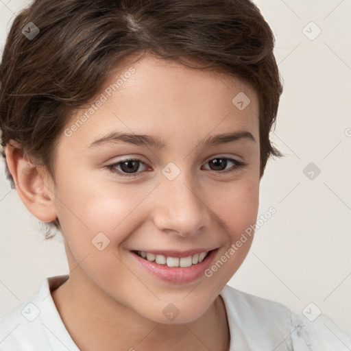 Joyful white child female with short  brown hair and brown eyes