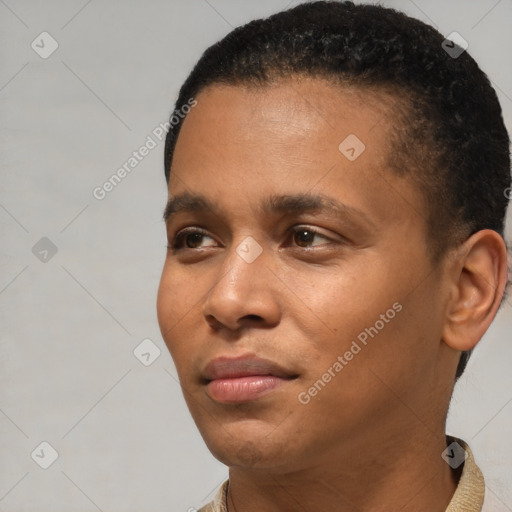 Neutral black young-adult male with short  black hair and brown eyes