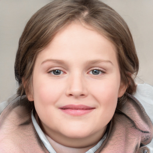 Joyful white child female with medium  brown hair and grey eyes