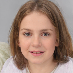 Joyful white child female with medium  brown hair and blue eyes