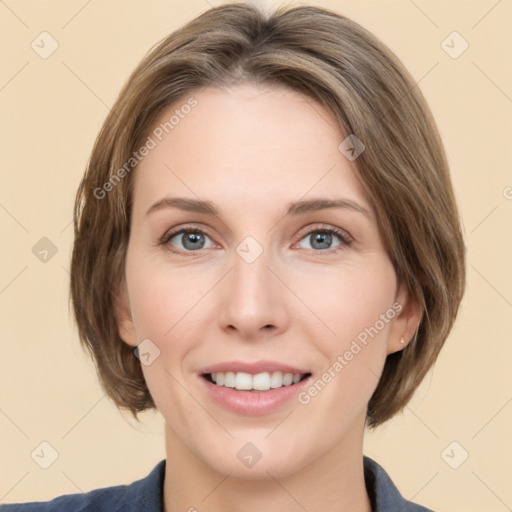 Joyful white young-adult female with medium  brown hair and green eyes