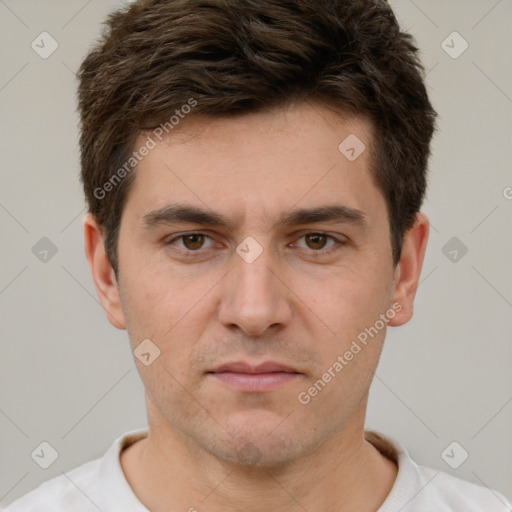 Neutral white young-adult male with short  brown hair and brown eyes